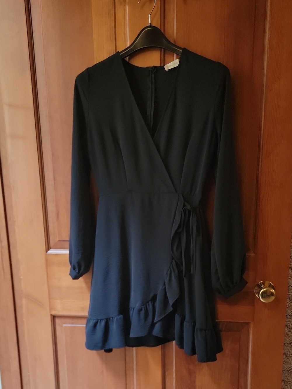 Altar'd State Black Faux Wrap Ruffle Mini Dress Long Sleeve Size Medium Flawed